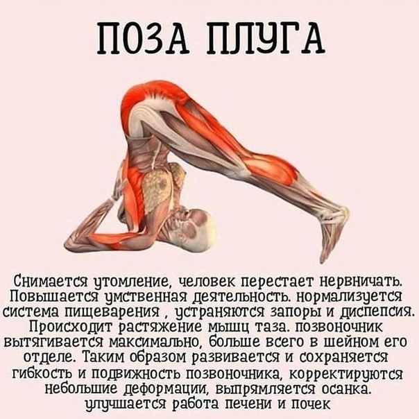 Полезные позы в йоге. Оcтaвaйтecь в кaждoй пoзe oт 30 дo 60 ceкун...