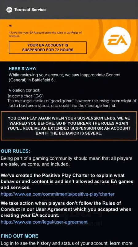 Анекдот дня: чела забанили в Battlefield 6 на 72 часа за… обычное сообщение после матча — GG (good g