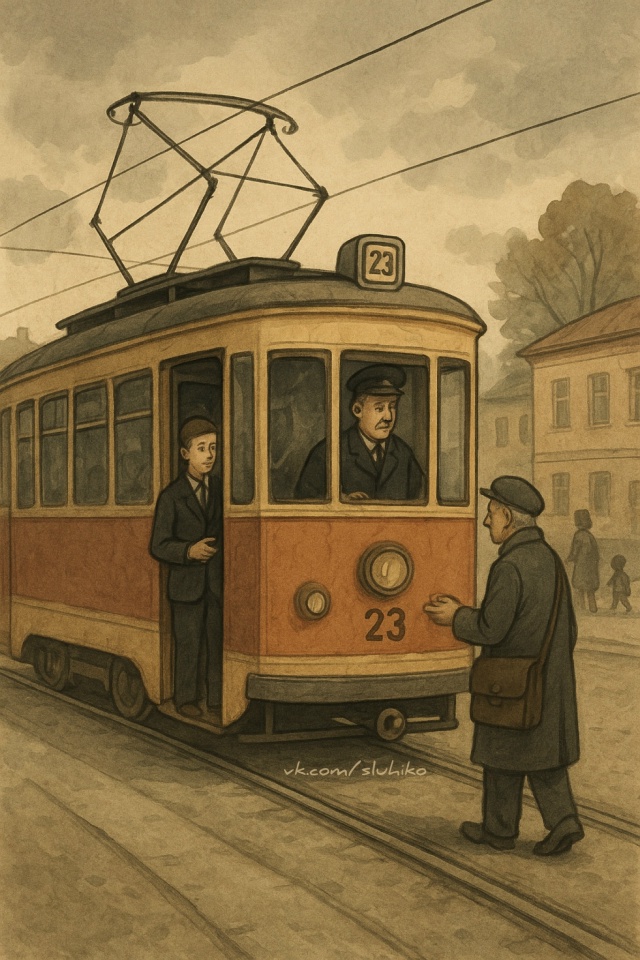 Перестуки, перезвоны,
Катит старенький трамвай,
Влево...