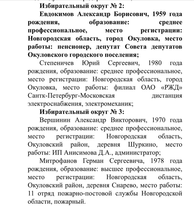 Список кандидатов в Окуловку думу на выборы 12-14 сентяб?...