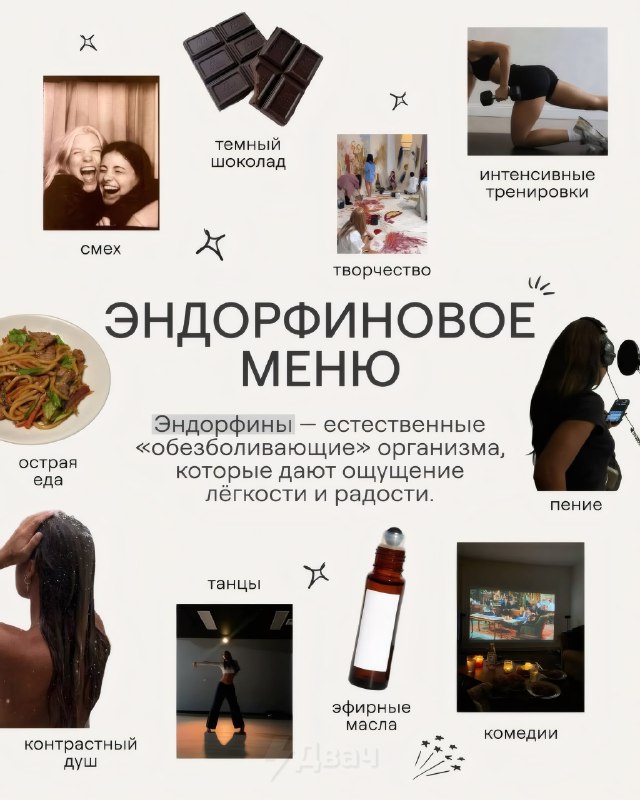Выкатили годный гайд по гормонам счастья — там чётко расписано, откуда брать дофамин, эндорфины, мел
