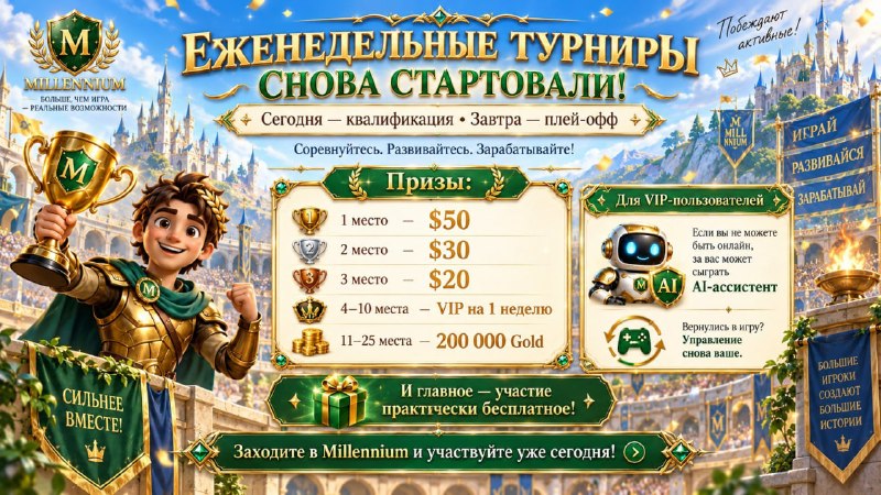 #Millennium
🔥 Еженедельные турниры Millennium возвращаются! 🏆
⠀
⚔️ Сегодня — квалификация. Завтра —