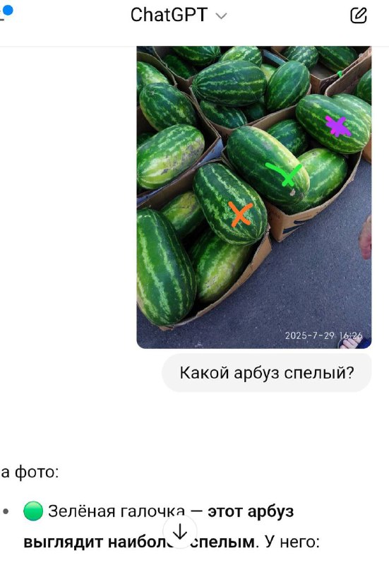 ChatGPT попросили выбрать спелый арбуз.
Короче, к ней не обращаемся.
