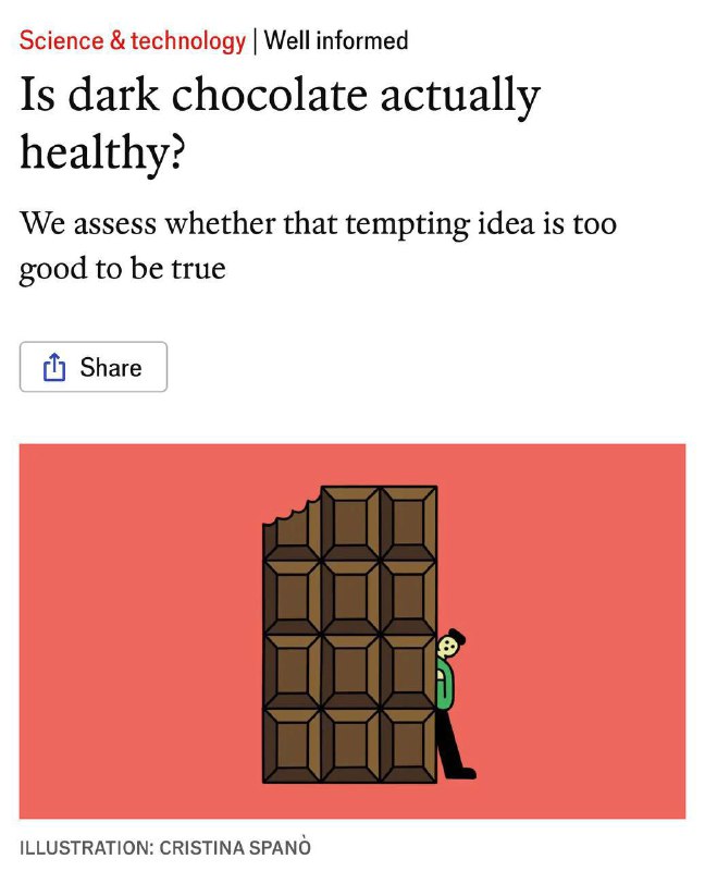 Польза тёмного шоколада — миф.
The Economist выяснил, что большинство исследований о его «лечебных