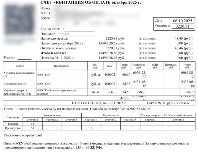 Жительница Амурской области получила счёт за воду поч?...