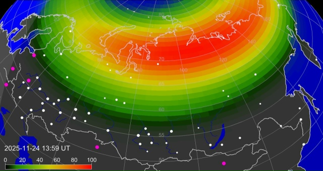 Полярные сияния формируются в понедельник на широте М?...