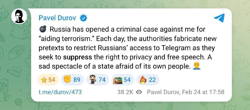 Россия возбудила уголовное дело против Павла Дурова по ч.1.1 ст. 205.1 УК РФ — «содействие террорист