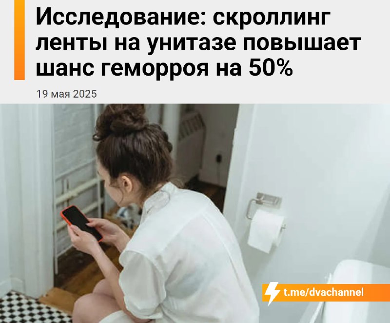 Риск заработать геморрой возрастает на 50%, если долго сидеть в туалете с телефоном
Учёные выяснили