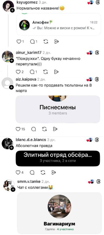 «Пожружки», «Алкофеи», «Писнесмены» — девушки показали названия своих чатов с подружками.
Девочки,