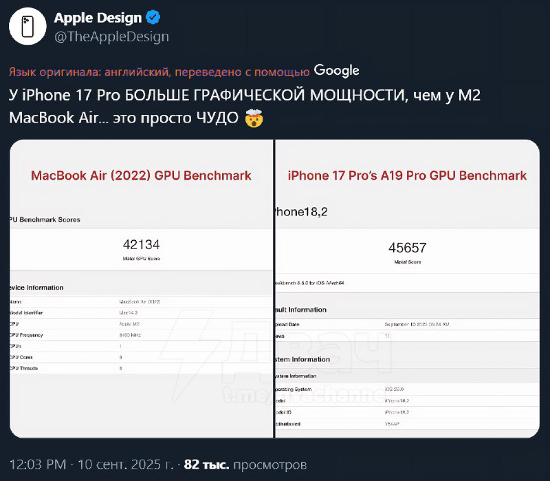 Новый iPhone 17 Pro мощнее MacBook Air с чипом M2 — в тестах смартфон легко обгоняет ноутбук
По дан