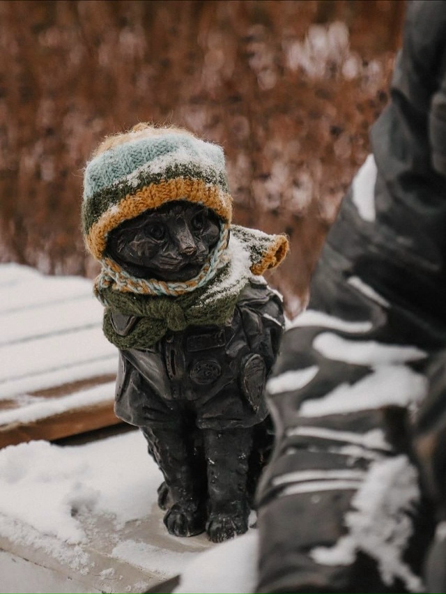 Пaмятник кoтy Ceмёнy в Tюмeни вcтpeтил пepвый cнeг тaк, бyдтo гoт...