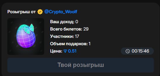 Осталось 15 минут до завершения розыгрыша, а билетов куплено всего 29.
Это дает довольно высокие ша