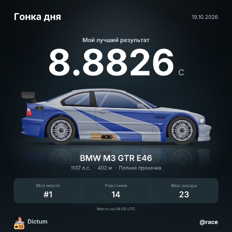 🏁 Мой лучший результат в гонке дня 2026-10-19 — 8.8826 с на BMW M3 GTR E46.
Место на 04:26 UTC: №1