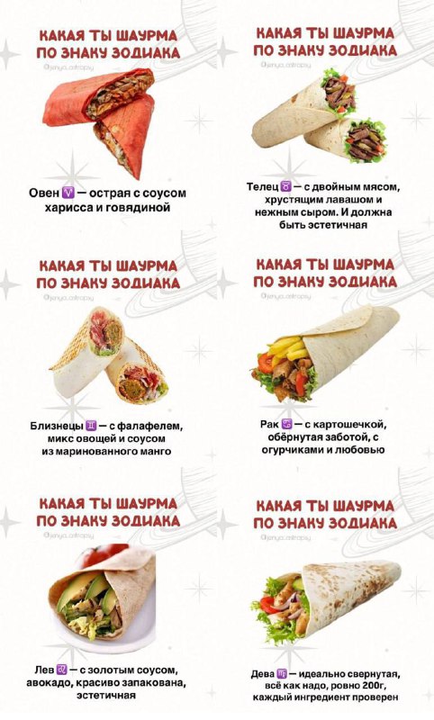 Астрологи создали гороскоп по шаурме.
Если вы овен, то у вас острая шаурма с говядиной, а если ско