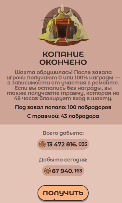 #Labrador 🐶
🐶 Подземелье и сражения на арене завершены!
🏆 Поздравляем победителей с заслуженными н