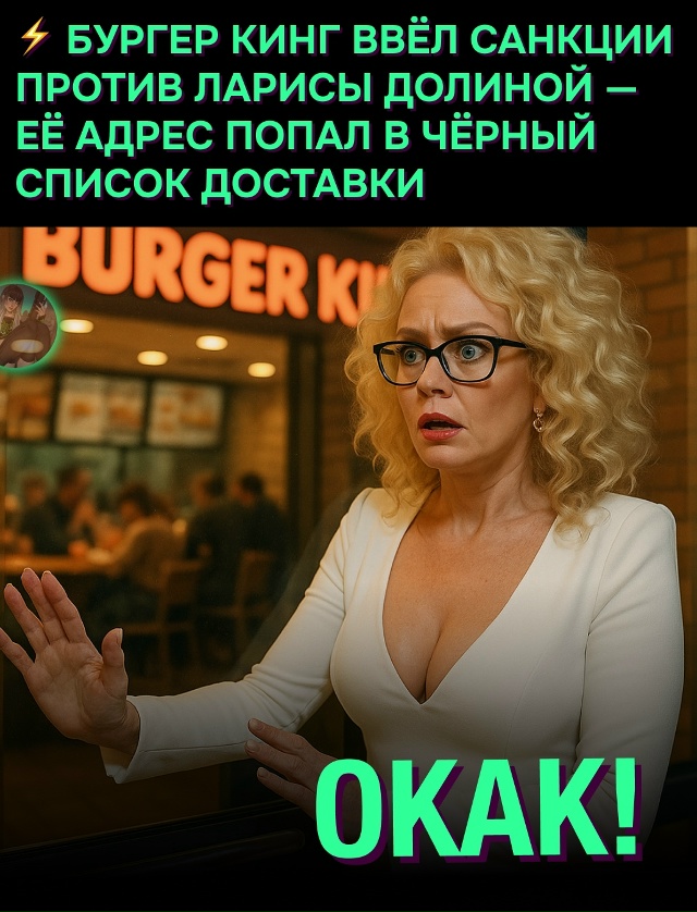 😅 Бургер Кинг отключил доставку Ларисе Долиной
Тепер...