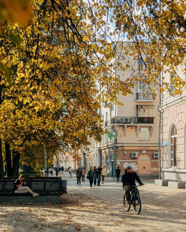 Залитый солнцем и осенним золотом проспект Ленина во В...