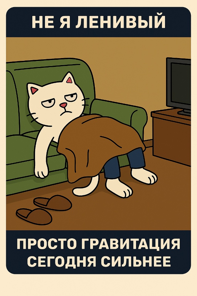 Он лежит на диване, свесив лапу вниз. На полу — тапки, п?...