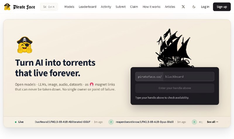 Для нейронок запустили свой Pirate Bay — Pirate Face
Сайт собирает сотни тысяч ИИ-моделей с Hugging