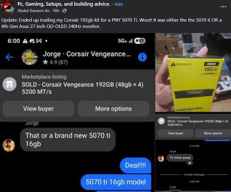 Мужик обменял 192 ГБ оперативной памяти DDR5 на Nvidia RTX 5070 Ti
Выбор был сложным. Изначально п