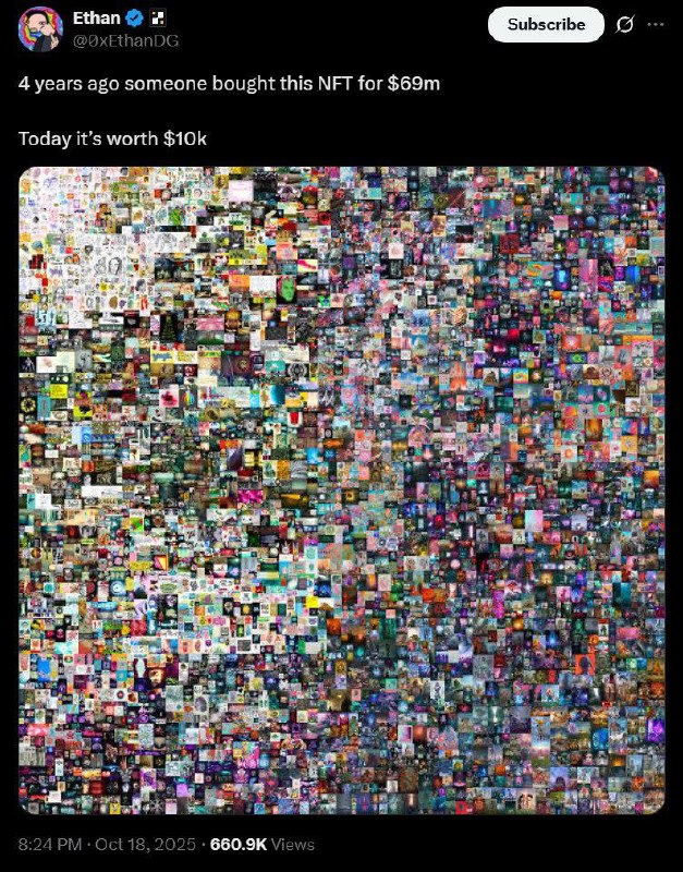 Четыре года назад эту NFT-картинку купили за $69 млн. Сегодня её оценивают всего в $10 000.
Если в