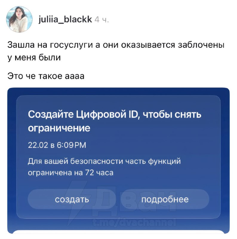 ⚡️У россиян массово отлетает доступ к «Госуслугам» — аккаунты улетают в бан на 72 часа из-за отсутст