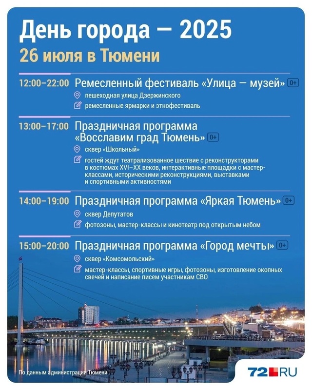 Мероприятия в Тюмени на День города 🥳
Источник: 72 ru
