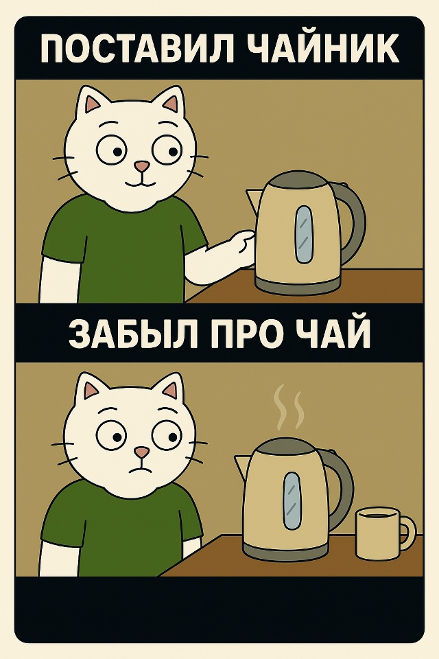 Хотел быстро сделать чай.
Отвлёкся на дела и вспомнил т...