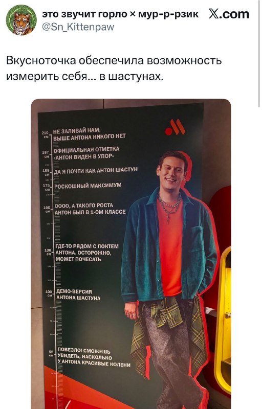 Лол, один из московских филиалов «Вкусно — и точка» можно измерить своего мужика в ШАСТУНАХ.
Такой