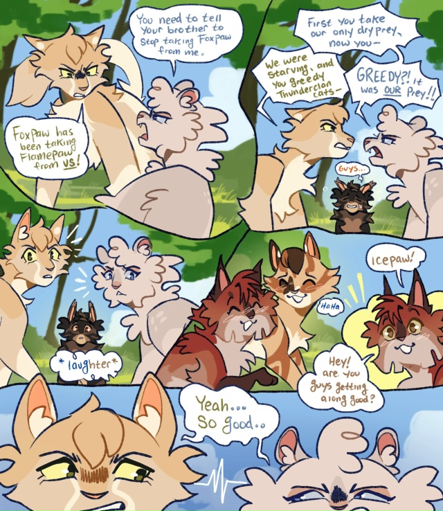 — Лисёнок всё время уводит Огнелапа у нас!
— Передай с?...