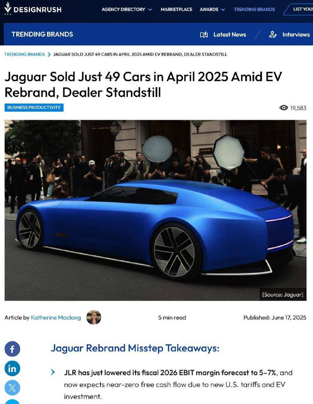Продажи Jaguar рухнули почти на 98% после провального ребрендинга в прошлом году: в 2025 году в Евро
