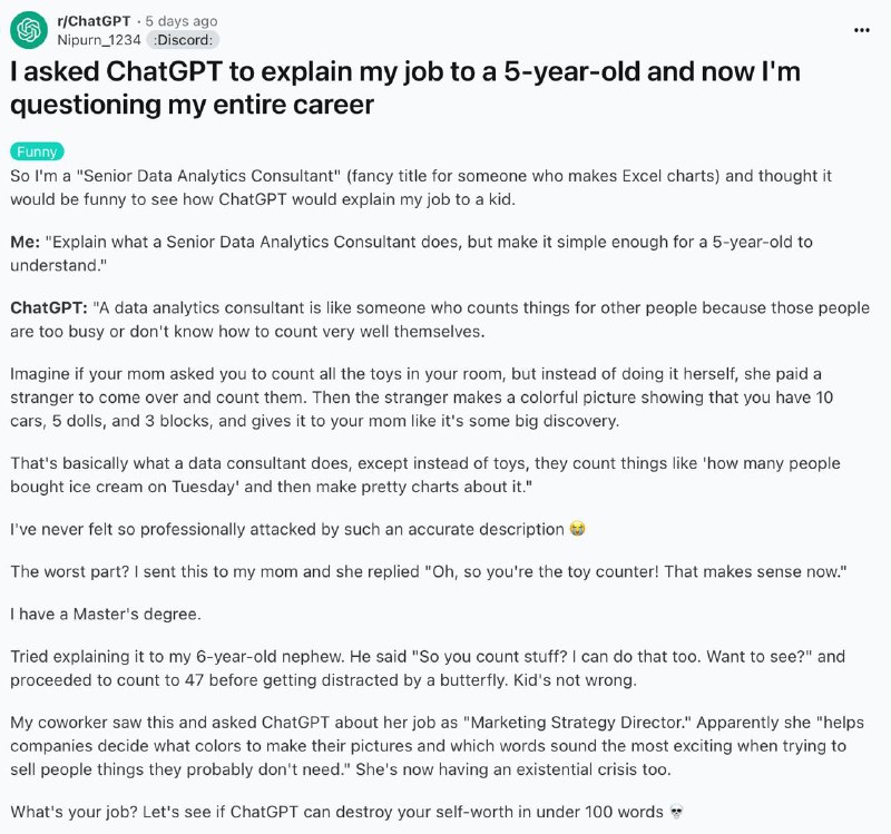 Если хотите испортить себе настроение, попросите ChatGPT описать вашу профессию так, чтобы её понял