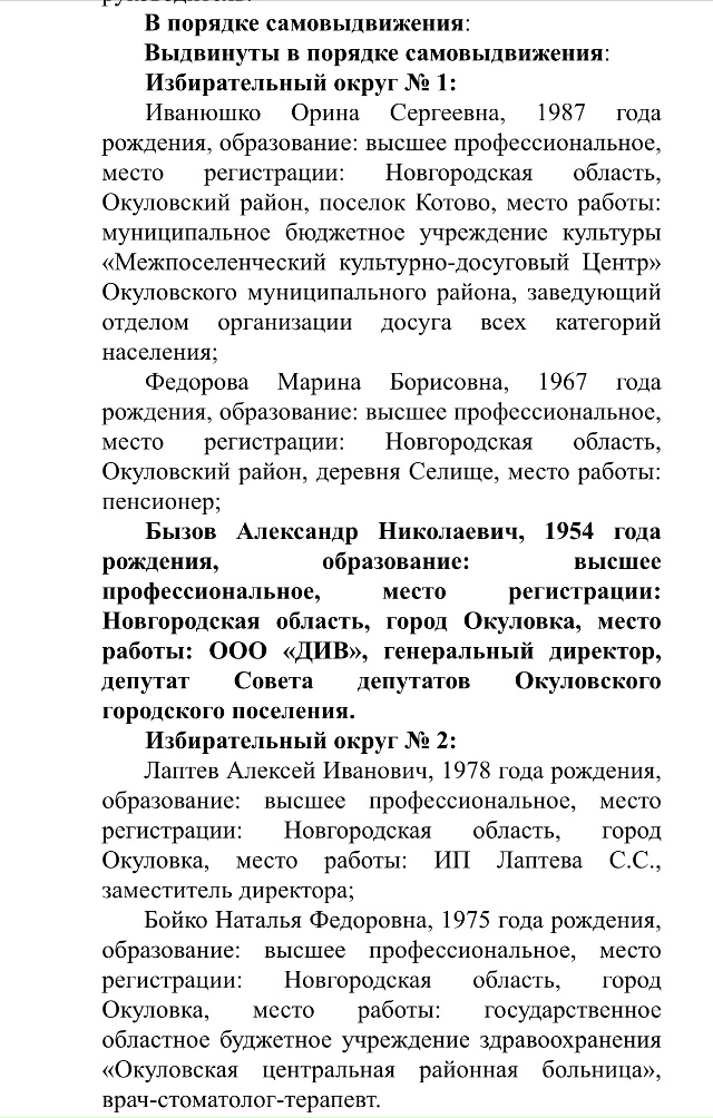 Списки зарегистрированных кандидатов на выборы в Окул...