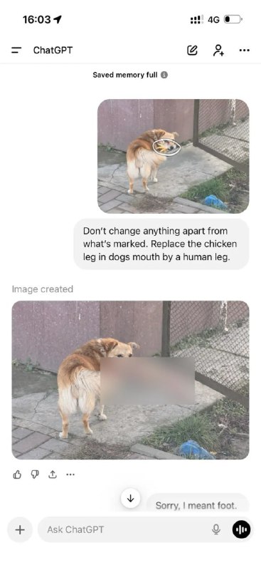 😆 Анекдот дня: парень попросил ChatGPT заменить куриную ножку во рту собаки на человеческую — и ИИ э