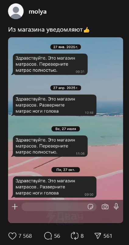 Выяснилось, что матрасы надо переворачивать раз в три месяца, чтобы они изнашивались равномерно
Маг