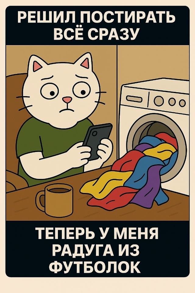 Он стоит у стиральной машины, загружая туда сразу и бел...