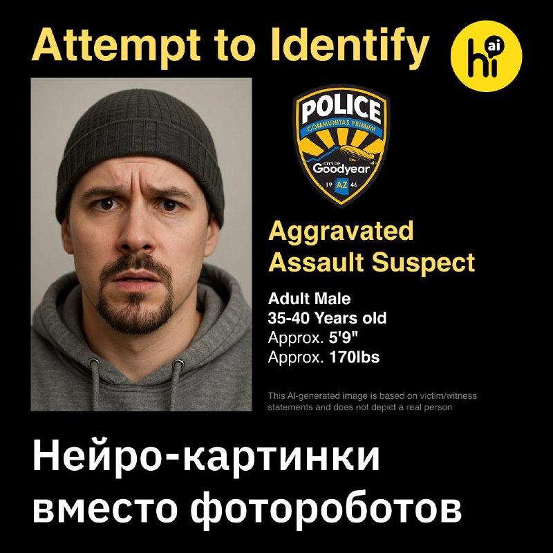 👮‍♀️ Полиция заменяет фотороботы на ИИ-портреты
Полиция города Гудиер в Аризоне опубликовала в соцс