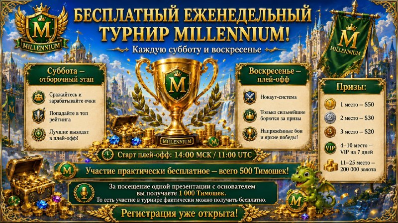 #Millennium
🏆 БЕСПЛАТНЫЙ ЕЖЕНЕДЕЛЬНЫЙ ТУРНИР MILLENNIUM!
Каждую субботу и воскресенье — новый шанс