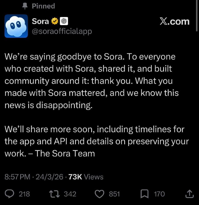 OpenAI закрывают Sora — генератор видео скоро перестанет работать.
Судя по всему, отключат приложен