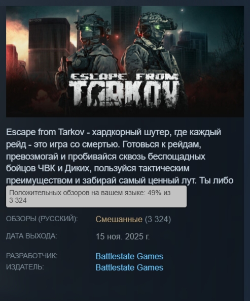 Escape from Tarkov получил очень низкие оценки в Steam
В русскоя?...