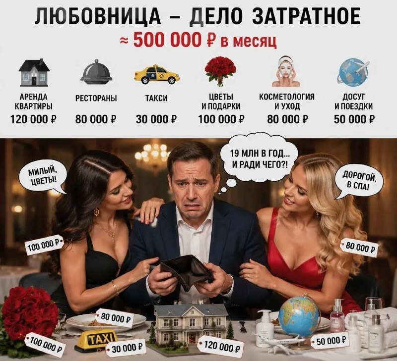 🔞 Содержать любовницу в Москве стоит около 500 тысяч рублей в месяц, подсчитали экономисты
В сумму