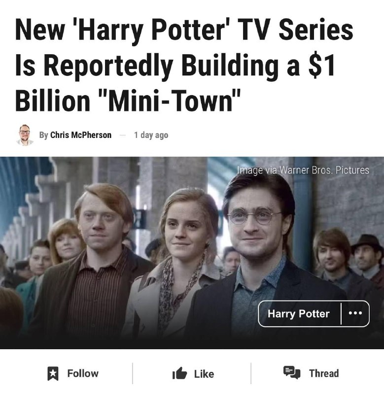 Мини-город за $1,25 млрд построит Warner Bros. ради съёмок сериала по «Гарри Поттеру».
На площадке