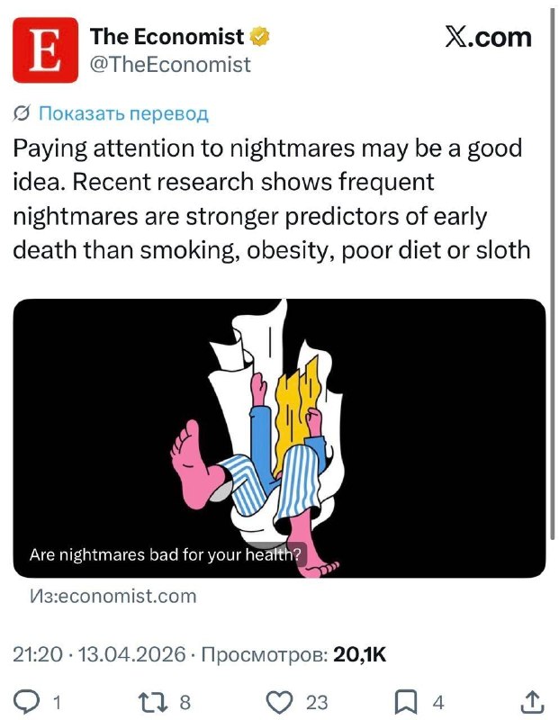 Частые кошмары во сне — один из самых сильных предвестников ранней смерти.
Исследования показали: е