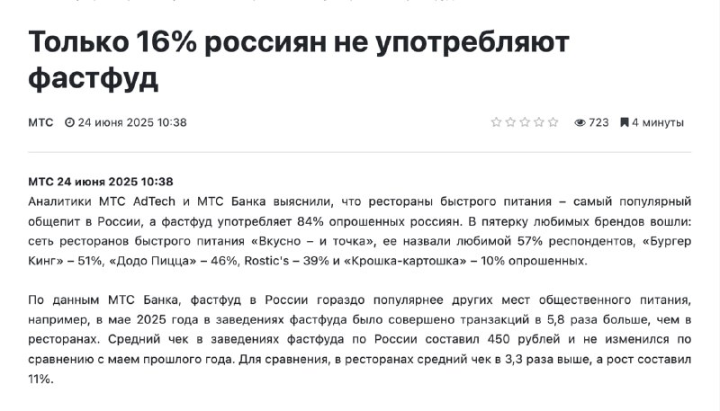 «ВКУСНО — И ТОЧКА» стала ЛЮБИМЫМ РЕСТОРАНОМ РОССИЯН — любимой ее называют 57% респондентов.
По резу