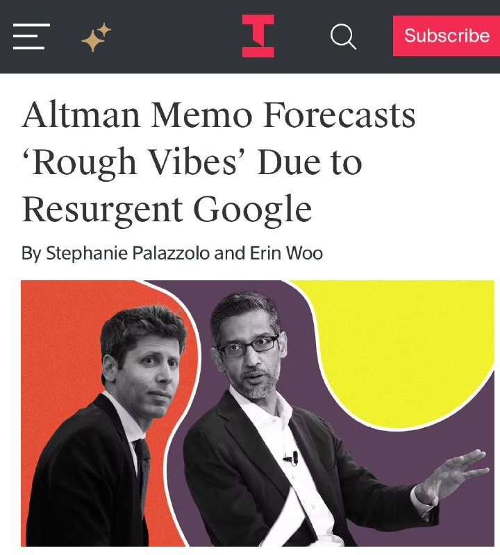 Успех Gemini 3 Pro НАПУГАЛ Сэма Альтмана, пишет The Information.
В служебных записках Альтман приз