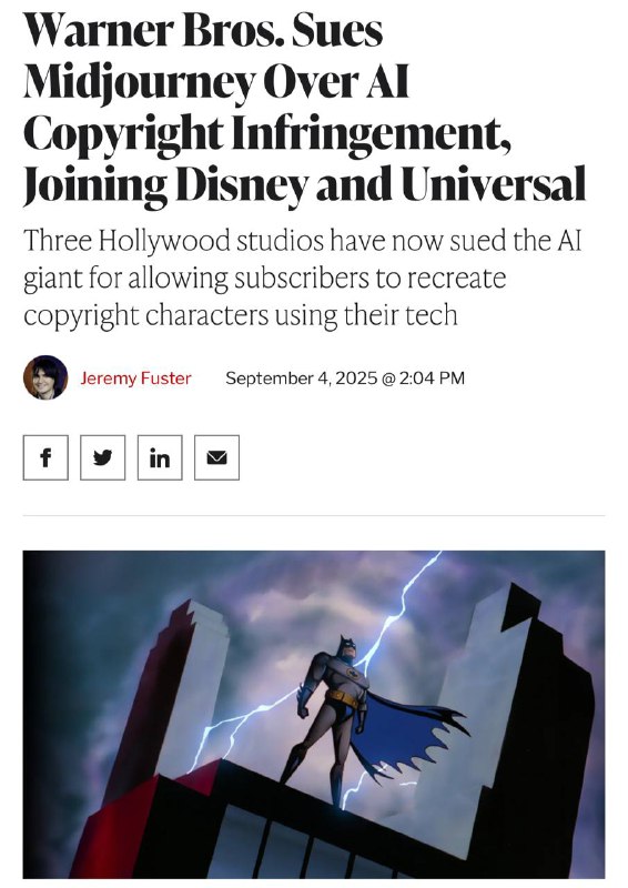 Warner Bros. подала в суд на Midjourney из-за Бэтмена, обвиняя их в нарушении авторских прав. Подобн