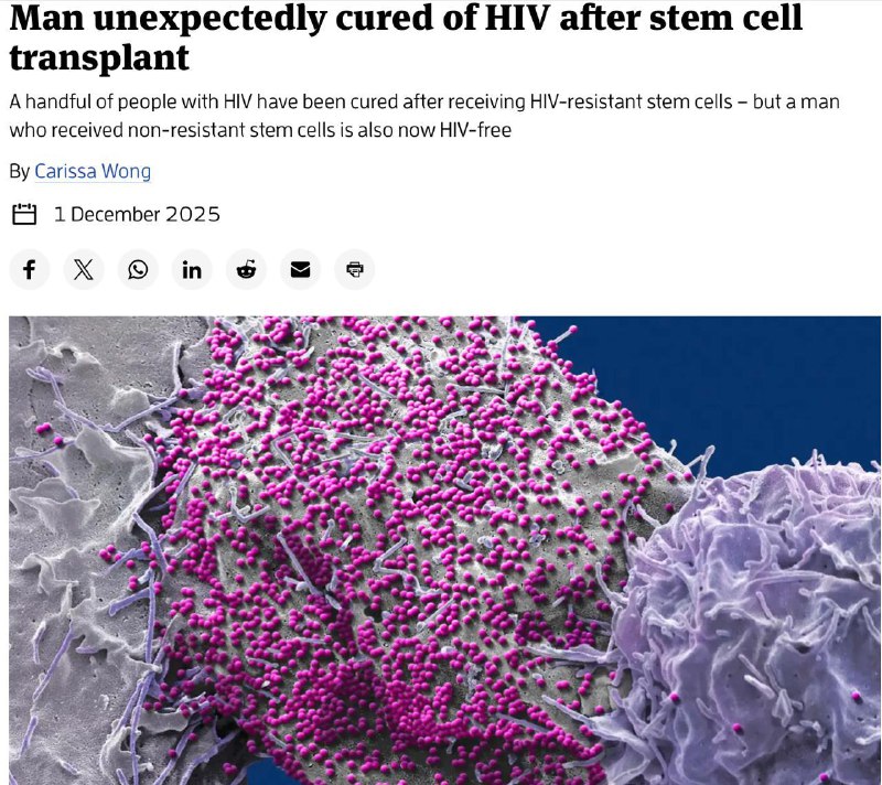 Мужик случайно вылечился от ВИЧ после пересадки стволовых клеток.
После операции врачи не нашли в