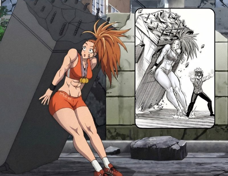 ⛔️В аниме «Ванпанчмена» заметили странное изменение сцены.
В манге Мидзуки держит огромный обломок,