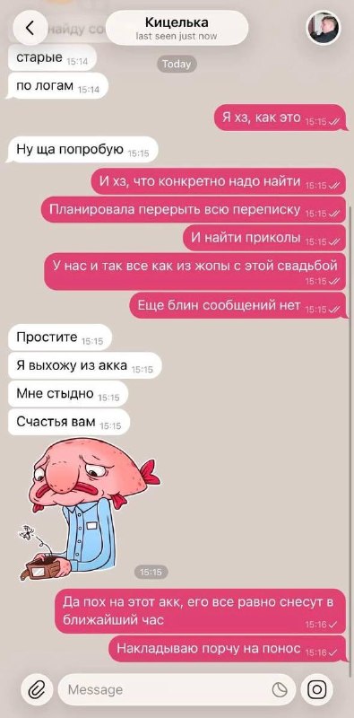 «Я выхожу из акка, мне стыдно.»
Мошенник удалил переписку пары перед свадьбой и довёл невесту до т