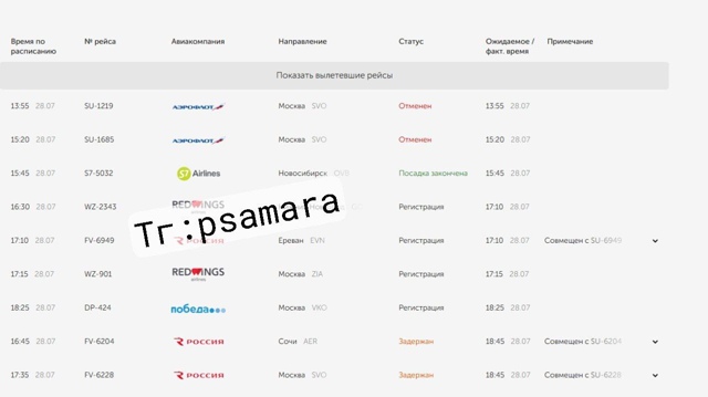 Актуальное онлайн табло аэропорта Курумоч, на данный м...